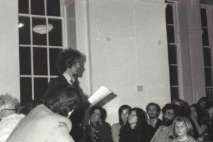 Patrick Allen addresses a public meeting, 1975