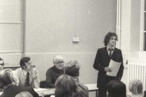 Patrick Allen addresses a public meeting, 1975