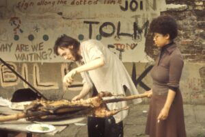 Roasting lamb. Roasting lamb at Tolmers Carnival 1977