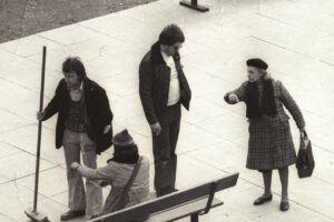 Passing the time of day, Tolmers Square, 1976