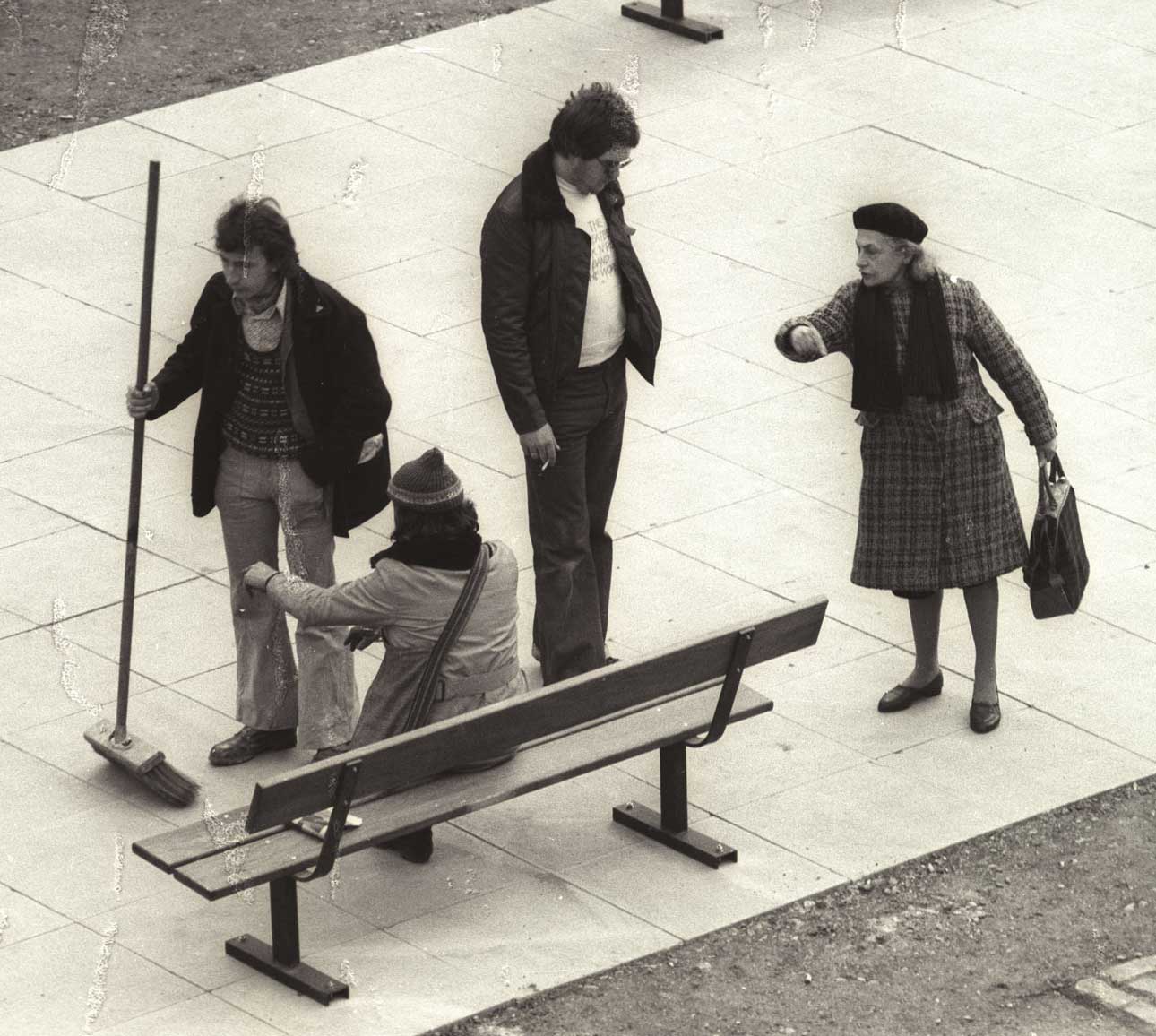 Passing the time of day, Tolmers Square, 1976