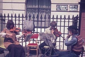 Chamber music on the pavement in North Gower Street during carnival, 1974