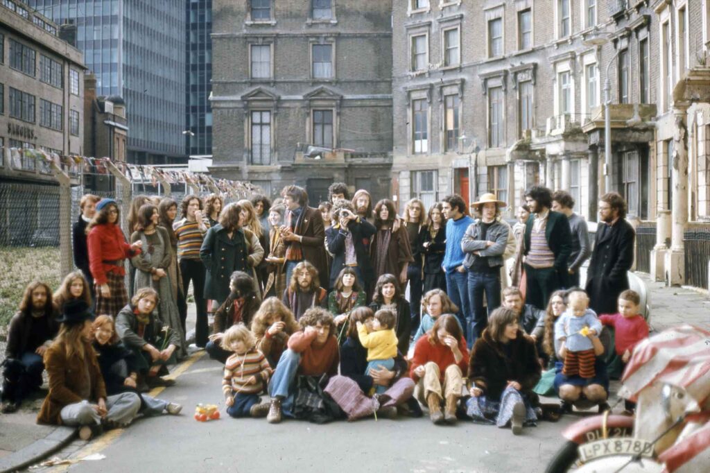 Campaign photo of local squatters, Tolmers Square, 1975