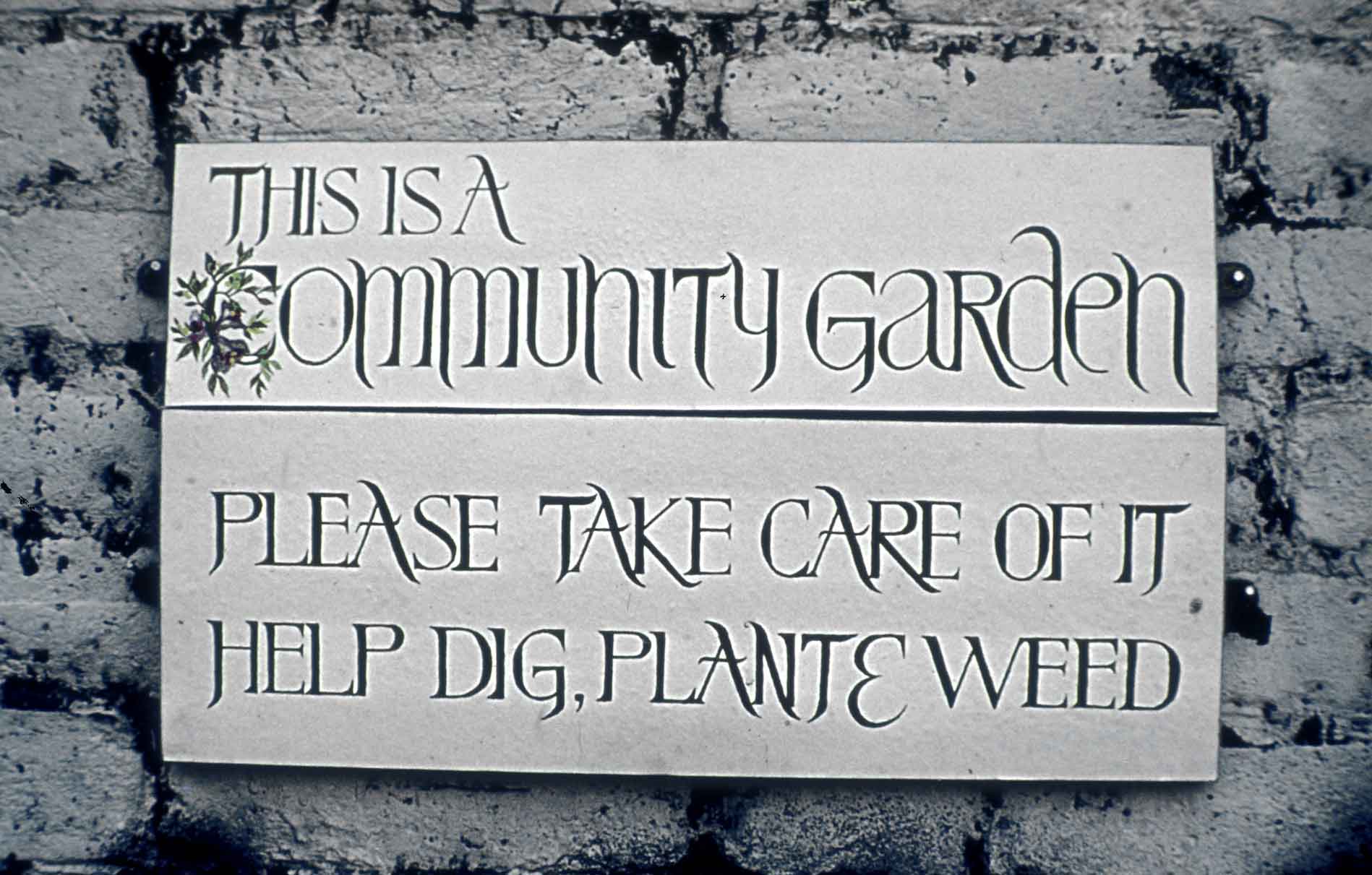 Sign at the community garden, 1974