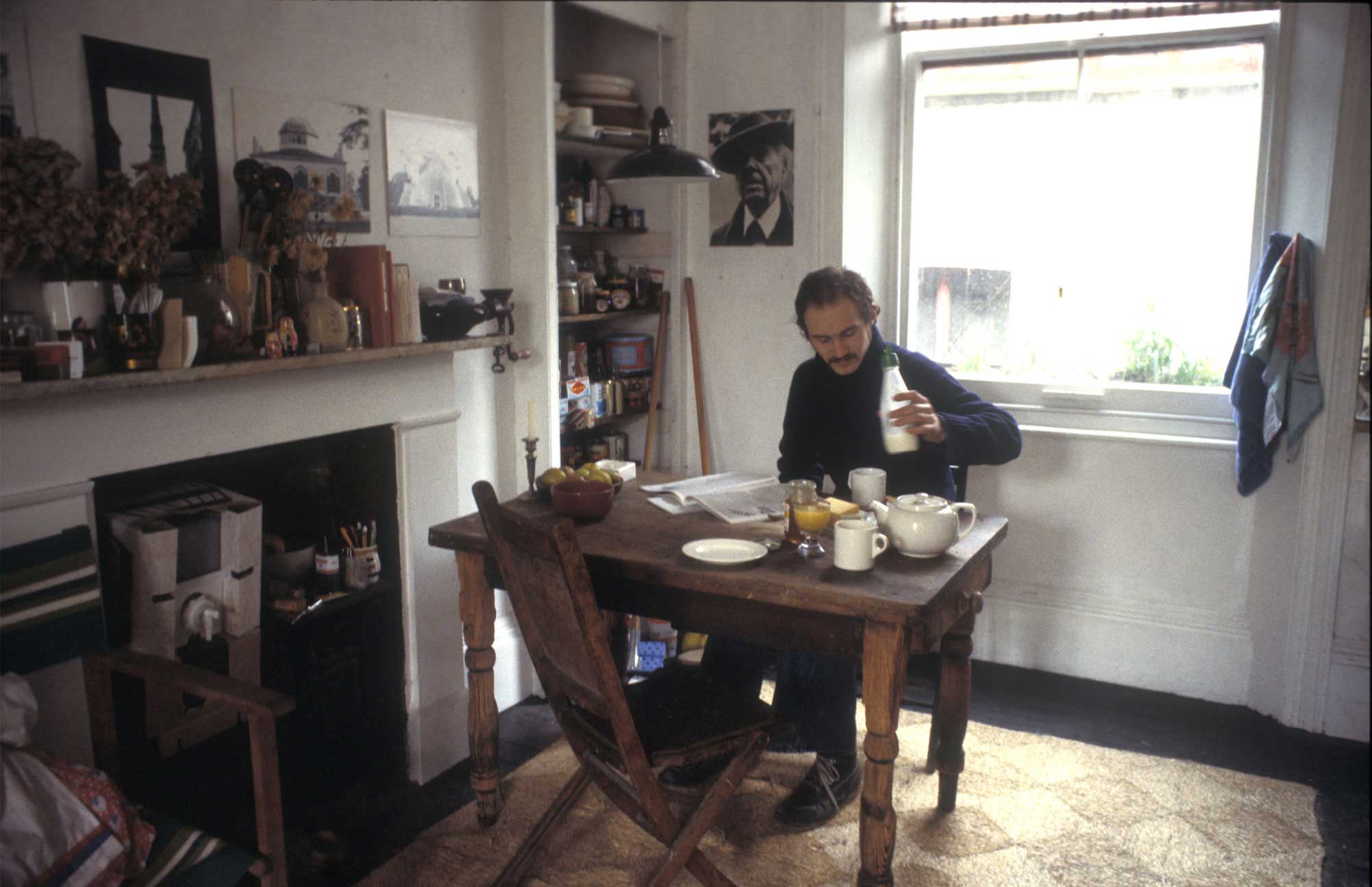 Breakfast in the kitchen at 10 Tolmers Square, 1978